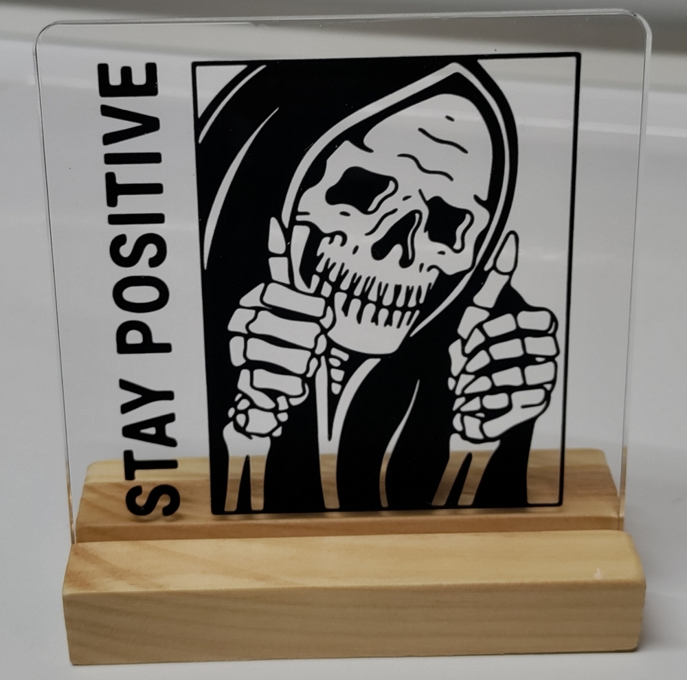 💀👍NEW "Stay Positive" Skeleton Art on Wooden Stand